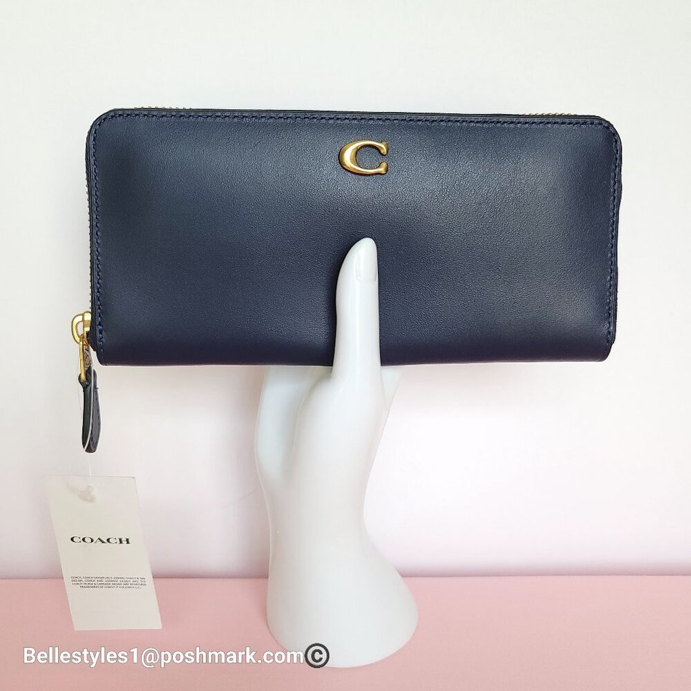 COACH Slim Accordion Smooth Leather Wallet with Back Slip Pocket- Dark Navy ⭐